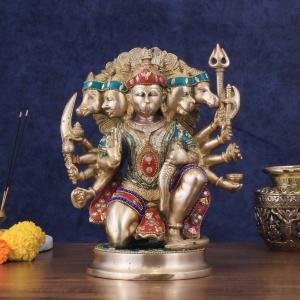 Brass Panchmukhi Hanuman Stone-Adorned Statue | 11" x 9" x 6" (28 x 23 x 15.2 cm) | 6.6 kg Premium Sacred Art | Embellished Divine Murti